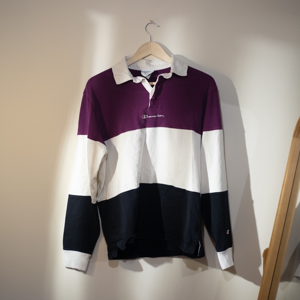 Champion Polo Shirt with Stripe Pattern. Size M.